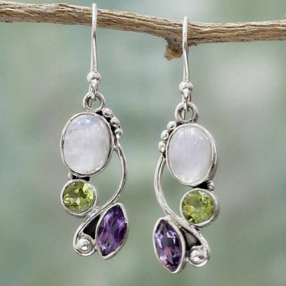 925 Silver Moonstone Bali Drop Earrings with Lab Amethyst and Peridot - Picture 1 of 2